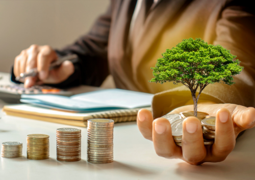 Office person with calculator and stack of coins 